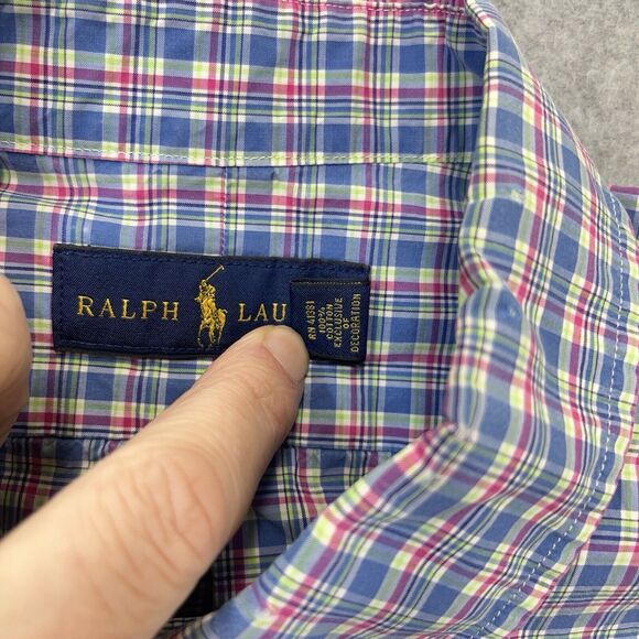 Ralph Lauren Button Down Shirt Mens Large L Blue Pink Tartan Plaid Long Sleeve - Picture 4 of 9